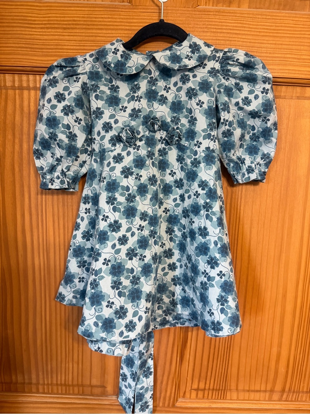 Vintage/Handmade Blue Floral Puff Sleeve Dress with Peter Pan Collar 2t